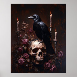 Poster Decoupage Corvo no Crânio com Velas