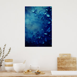 Poster Deep Blue Decorative Leaves