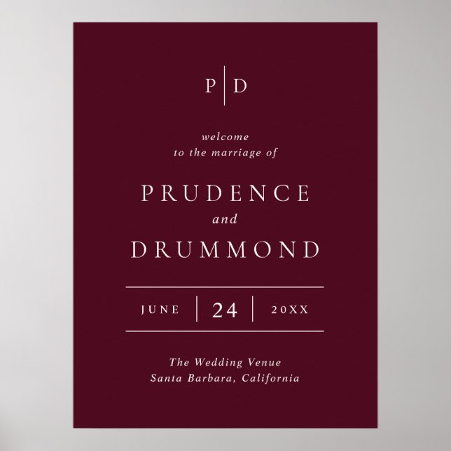 Poster Deep Burgundy Elegant Classic Wedding Sign (Frente)
