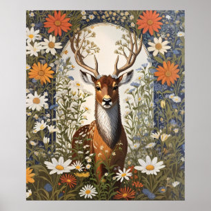 Poster Deer Amid Daisy Flowers