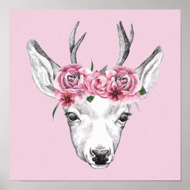 Poster Deer de Flores de Aquarela (Frente)