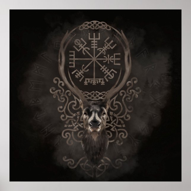 Poster Deer e Vegvisir - Viking Navigation Compass (Frente)