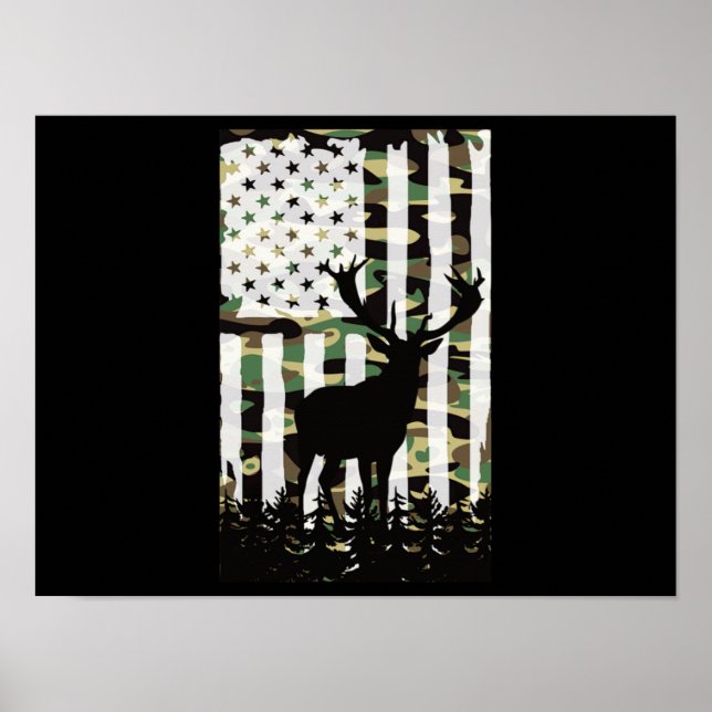 Poster Deer Elk Buck Caçando Camo USA Flag Camoflauge (Frente)
