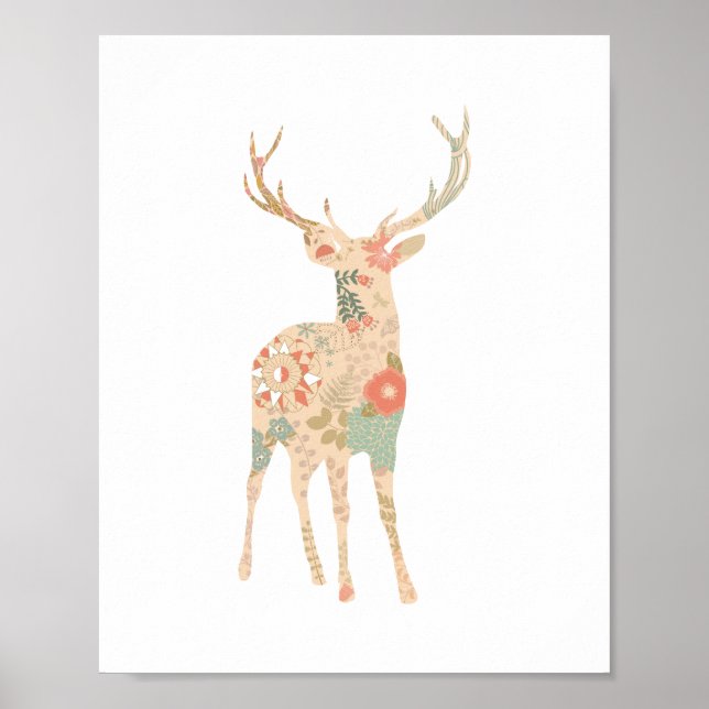 Pôster Deer Floral Silhouette Flowers (Frente)