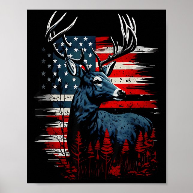 Poster Deer Hunting American Flag Whitetail Buck Antlers  (Frente)