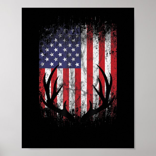 Poster Deer Hunting American Flag Whitetail Buck Antlers (Frente)