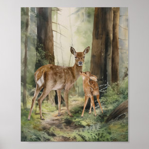 Poster Deer Redwood Forest Watercolor