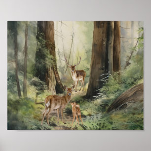 Poster Deer Redwood Forest Watercolor