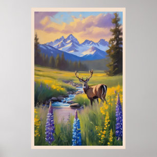 Poster Deer Rocky Mountain Meadow Flores Selvagens