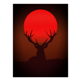 Pôster Deer Silhouette with Fiery Red Sunset