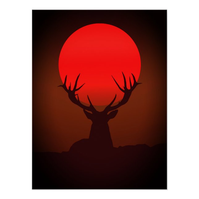 Pôster Deer Silhouette with Fiery Red Sunset (Frente)