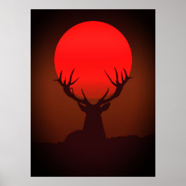 Poster Deer Silhouette with Fiery Red Sunset