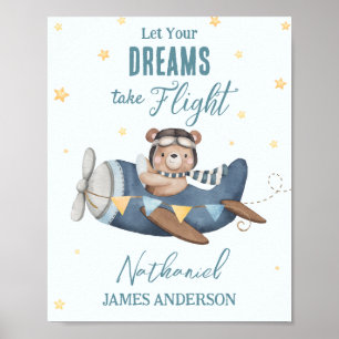 Poster Deixe Seu Sonho Voar Urso Fofo Avião Azul