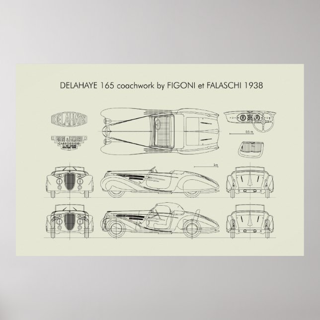 Poster Delahaye 165 Figoni et Falaschi Blueprint (Frente)
