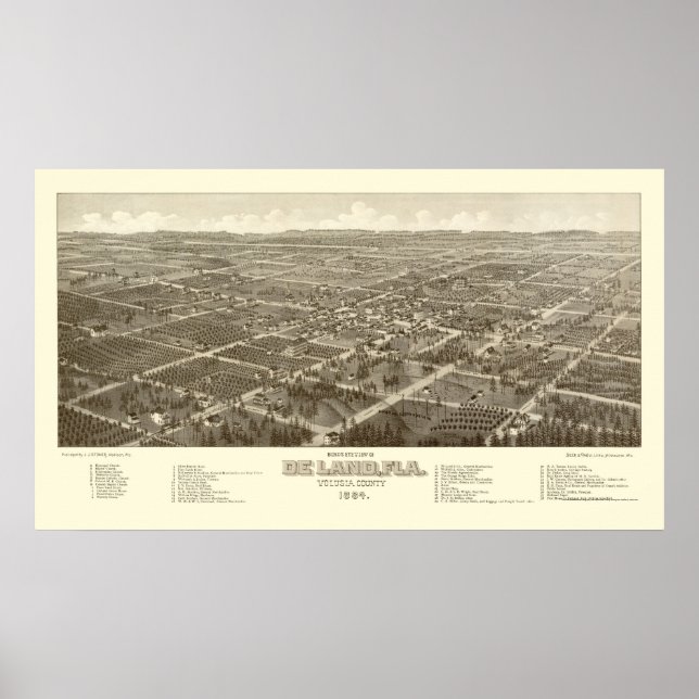 Poster DeLand, Mapa Panorâmico FL - 1884 (Frente)