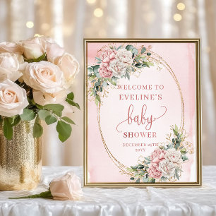 Poster Delicado Bem-Vindo Rosa Floral Baby Shower em Pó