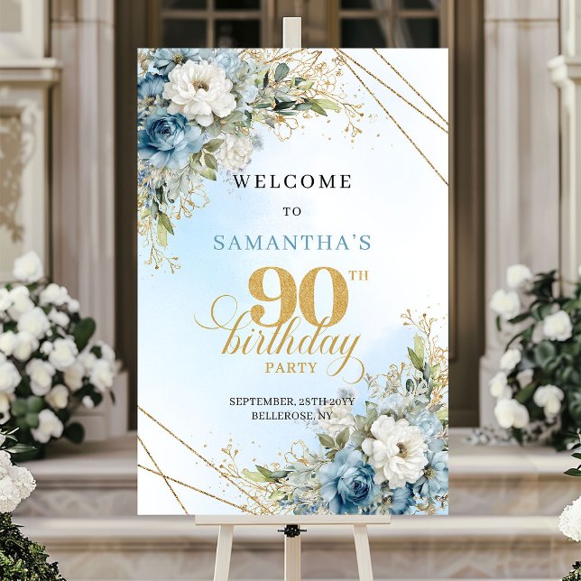 Poster Delicate boho blue florals gold frame 90 birthday (Delicate boho blue florals gold frame 90th birthday

)