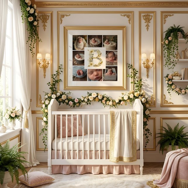 Poster Delicate Floral Initial B 8-Photos Collage Newborn (Delicate Floral Initial B Monogram 8-Photos Collage Newborn Session Poster Design. )