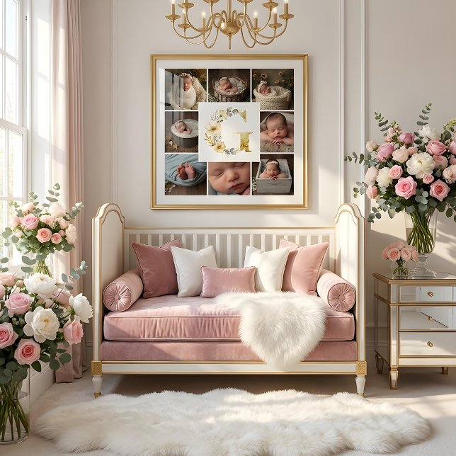 Poster Delicate Floral Initial G 8-Photos Collage Newborn (Delicate Floral Initial G Monogram 8-Photos Collage Newborn Session Poster Design.)