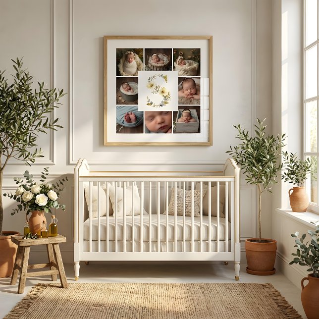 Poster Delicate Floral Initial S 8-Photos Collage Newborn (Delicate Floral Initial S Monogram 8-Photos Collage Newborn Session Poster Design.)