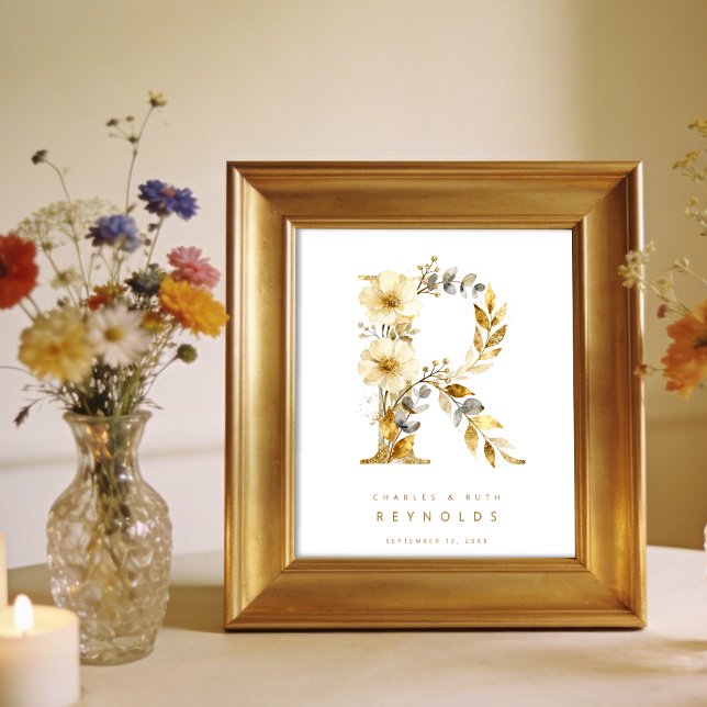 Poster Delicate Romantic Floral R Letter Gold Glitter (Delicate Romantic Floral R Letter in Gold Glitter Effect Posters Decor for Couples.)