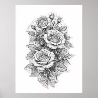 Poster Delicate Romantic Rose Bouquet Sketch 