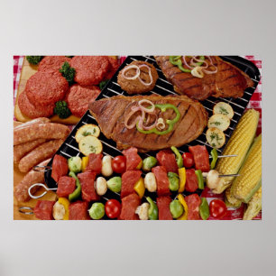 Poster Delicioso churrasco com carne não cozida e cozida