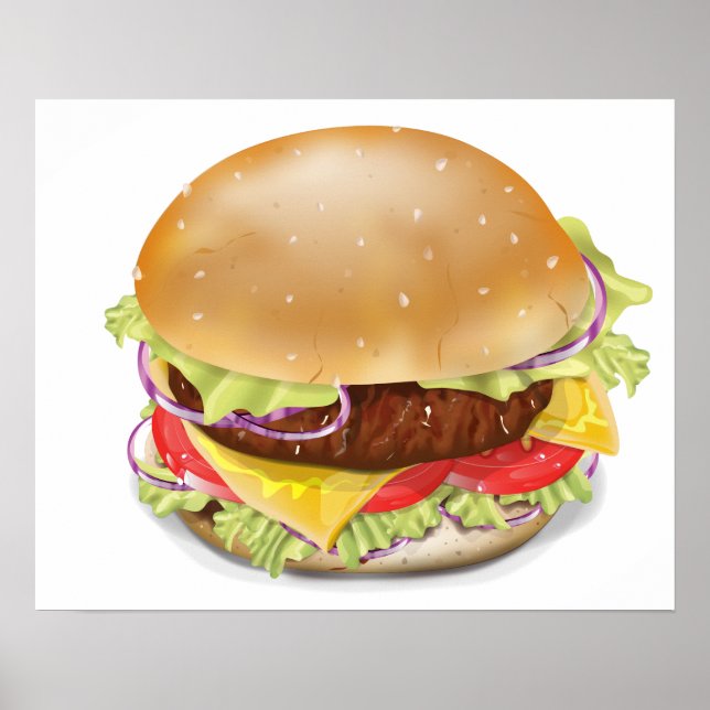 Pôster Delicioso hambúrguer ou cheeseburger. (Frente)