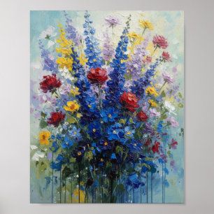 Poster Delphinium Azul Vibrante e Rosa Vermelha com Impas