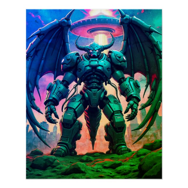 Pôster Demon Roboter mit Flügel bei einem UFO (Frente)