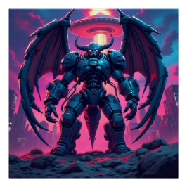 Pôster Demon Roboter mit Flügel bei einem UFO