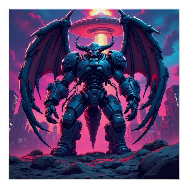 Pôster Demon Roboter mit Flügel bei einem UFO (Frente)