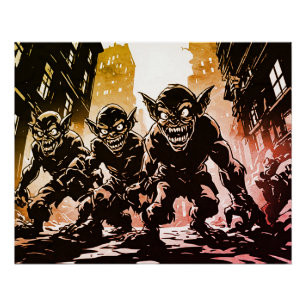 Pôster Demônios Goblin Ruíram a Cidade Estilo Gráfico Ret