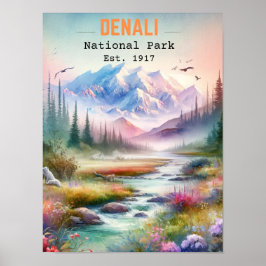 Poster Denali National Park Alaska Monte Watercolor