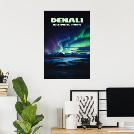 Poster Denali National Park Alaska Norte Lights Retro
