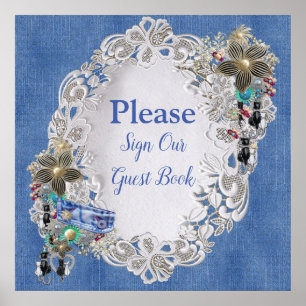 Poster Denim com creme Flor Lace e Costume Jewelry