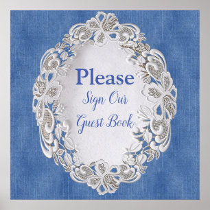 Poster Denim com rendas da flor de creme