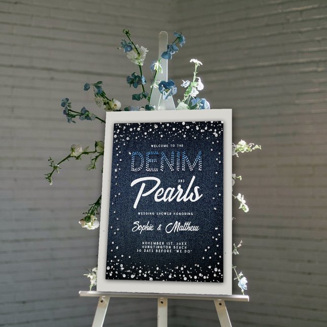 Pôster Denim Diamantes Pearls Chá Azul Bem-vindo (denim and pearls couples shower welcome poster blue white coed elegant modern classy)