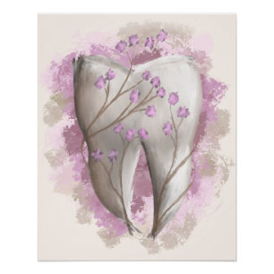 Pôster Dente e flores, pintura surrealista. Arte dentária