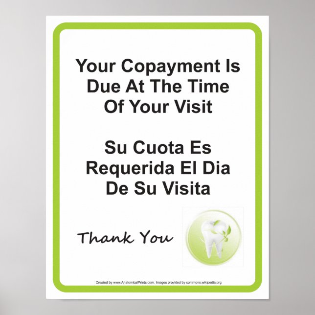Poster Dentist Office Copayment Wall Sinal inglês espanho (Frente)