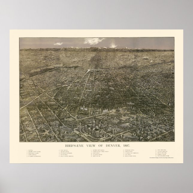 Pôster Denver, CO Panoramic Map - 1887 (Frente)