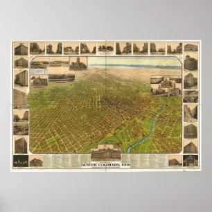 Pôster Denver Colorado 1908 mapas panorâmicos