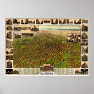 Pôster Denver, mapa panorâmico do CO - 1908