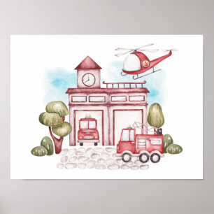 Poster Departamento de Bombeiros Infantil Aquarela Sonhad