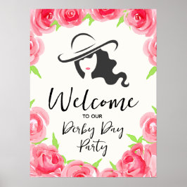 Poster Derby Hat Lady Silhouette and Roses Welcome