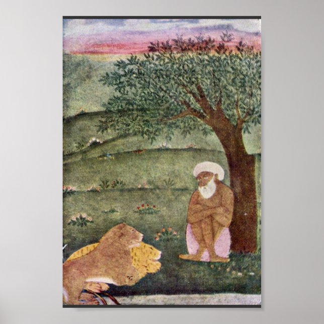 Pôster Dervish Com Um Leão E Um Tigre. Pintura de Mughal. (Frente)