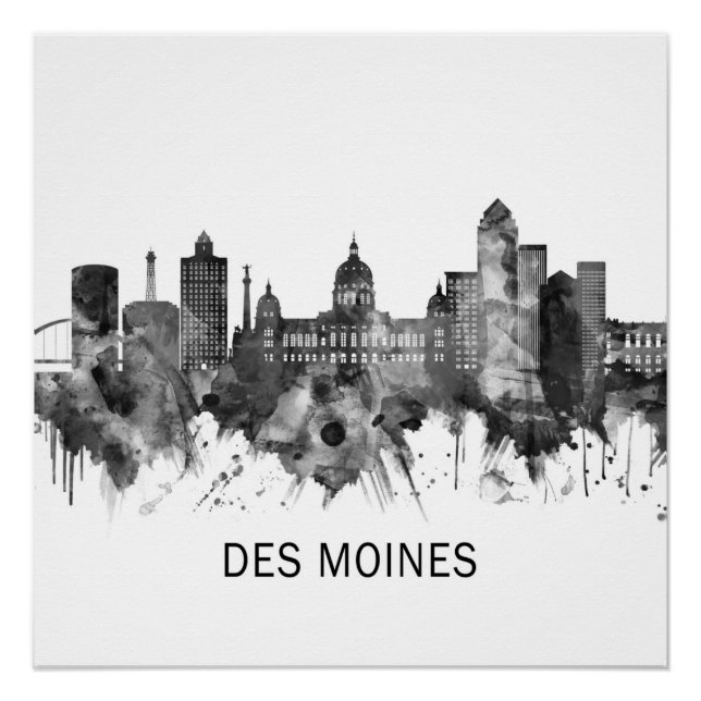 Pôster Des Moines Iowa Skyline BW (Frente)