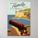 Pôster Descubra Porto Rico<br><div class="desc">Este poster vintage que promove Porto Rico para o turismo,  mostrando a visão do porto do Castelo Morro (El Castillo San Felipe del Morro,  San Juan) foi criado para a Administração do Progresso das Obras (WPA) entre 1936 e 1940.</div>