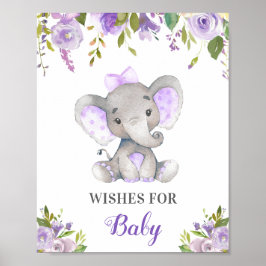 Poster Desejos para Chá de Elefante Lilac Roxo para Bebê