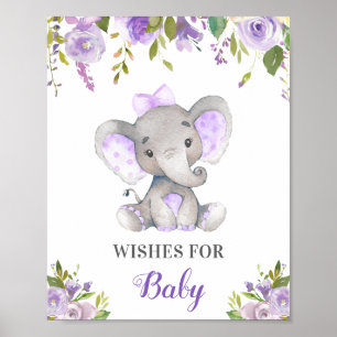 Poster Desejos para Chá de Elefante Lilac Roxo para Bebê